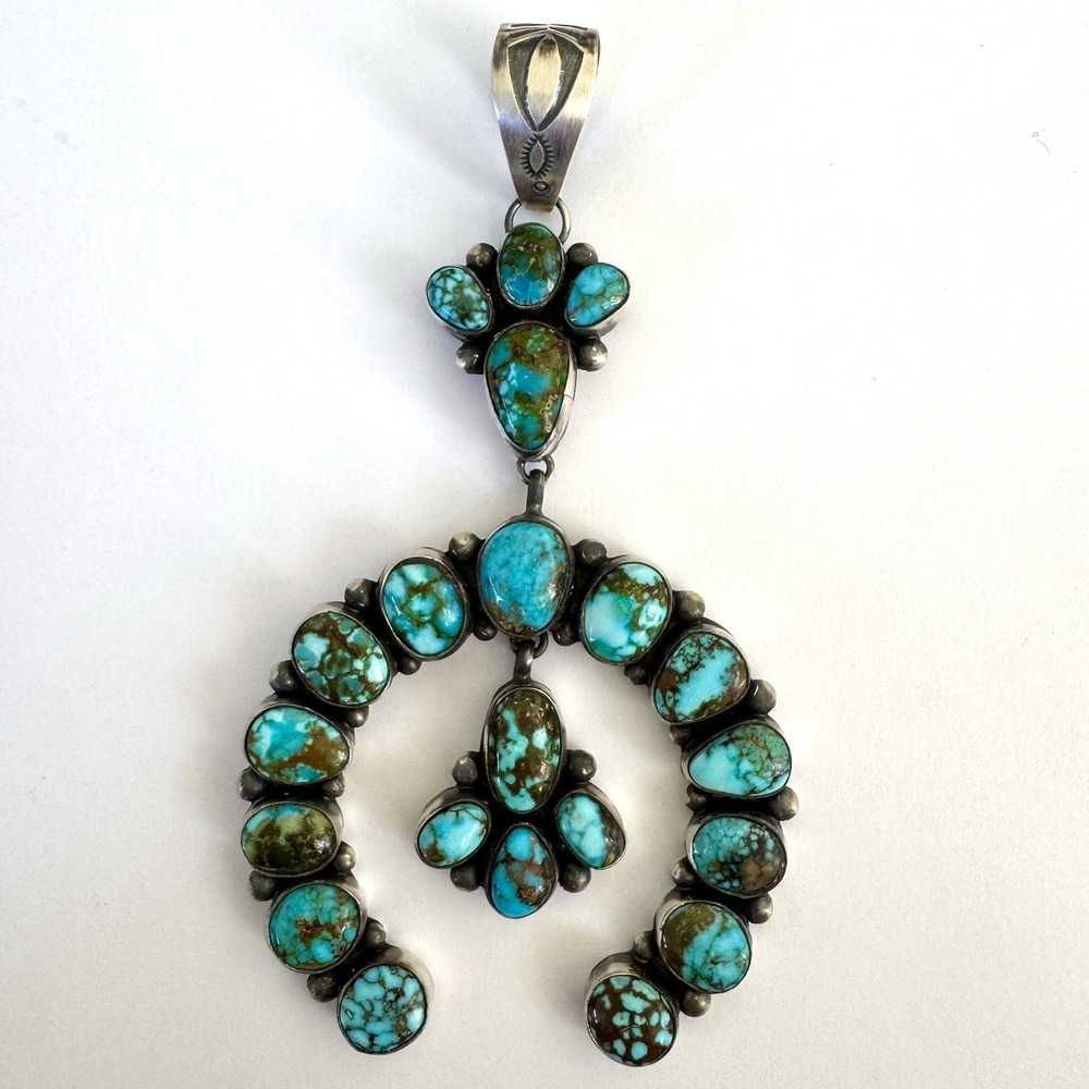 Navajo Naja Pendant Turquoise 4.5in‎ BIG Squash Blossom Signed Smith Native Amer - Picture 3 of 11
